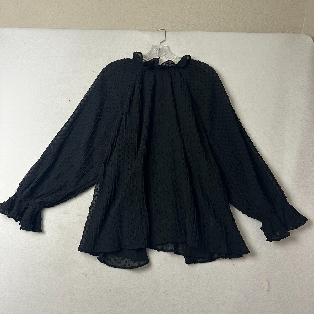 HM Conscious Black‎ Clip Dot Ruffle Neck Blouse Sheer Long Sleeve Top Womens M